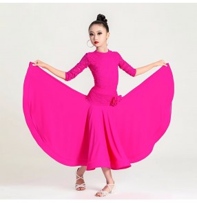 Fuchsia hot pink lace flowers ballroom dance dresses for girls kids waltz tango foxtrot smooth dance long gown for children